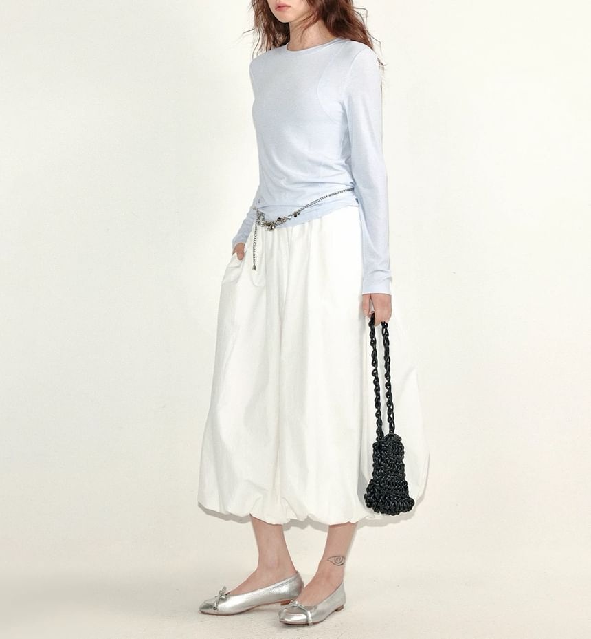 Plain Elastic Midi Skirt Paperbag Waist