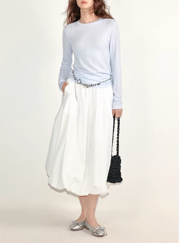 Plain Elastic Midi Skirt Paperbag Waist
