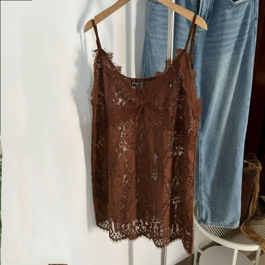 V-Neck Cami Strap Spaghetti Plain Lace Top