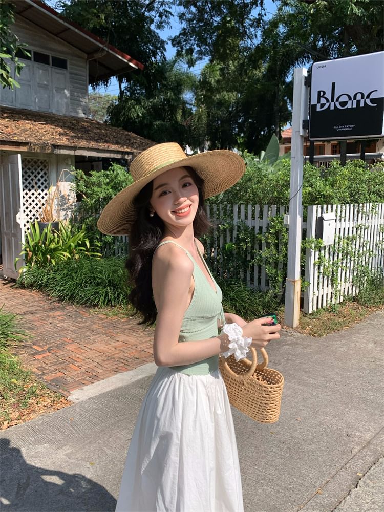 Strap Neck Spaghetti Tie Camisole Plain Top V-Neck
