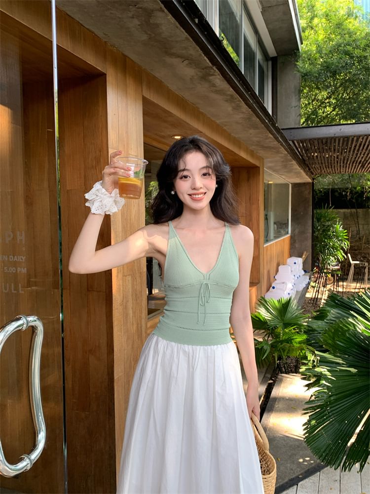 Strap Neck Spaghetti Tie Camisole Plain Top V-Neck