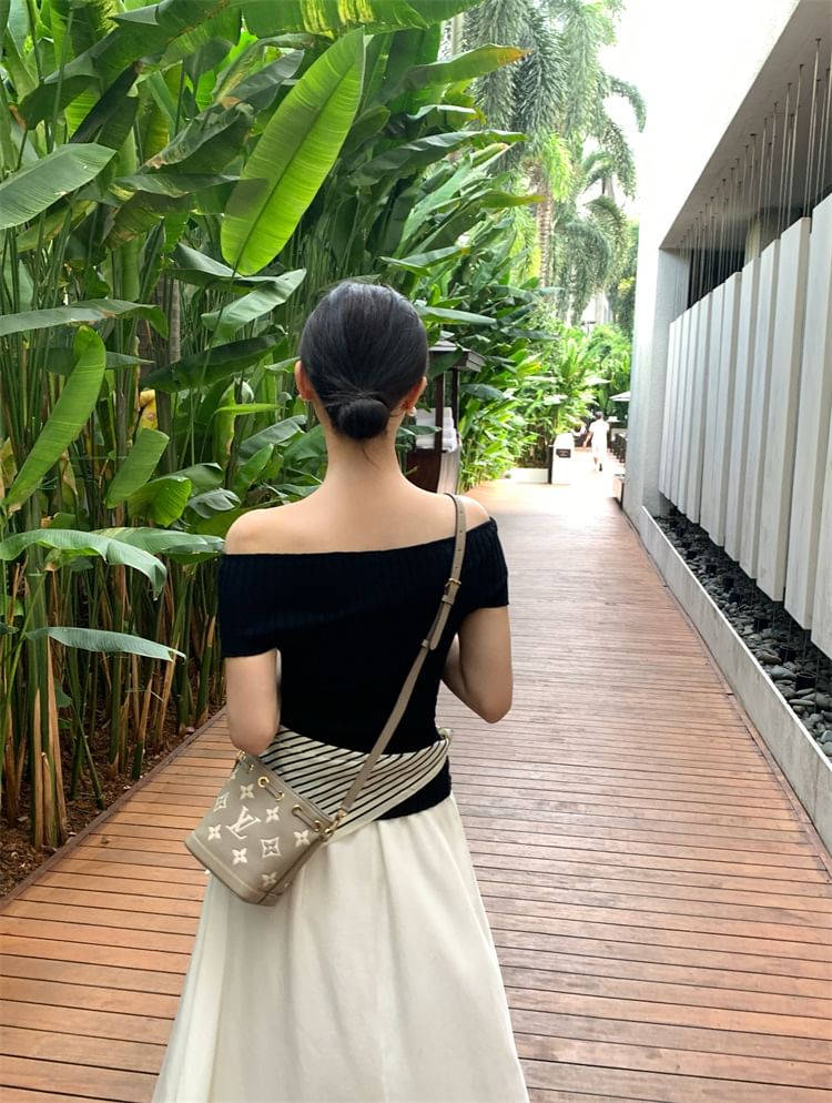 Short-Sleeve Off Shoulder Plain Ribbed Knit Top