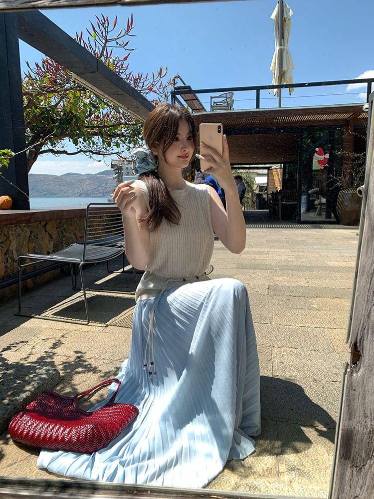 Top Knit Ribbed Plain Neck Sleeveless Crew