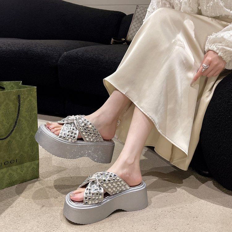 Rhinestone Cross Strap Platform Sandals