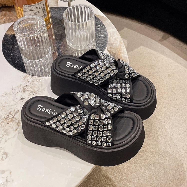 Rhinestone Cross Strap Platform Sandals