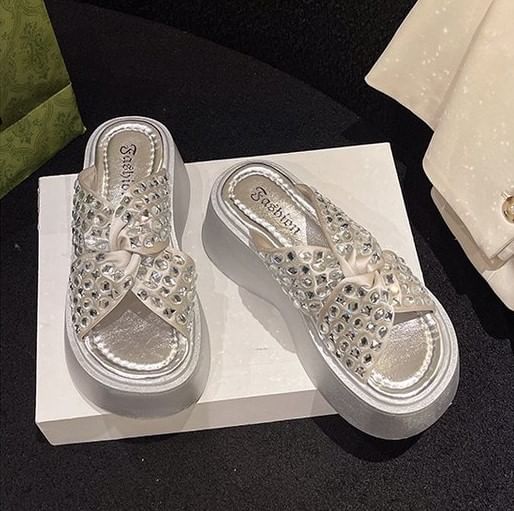 Rhinestone Cross Strap Platform Sandals