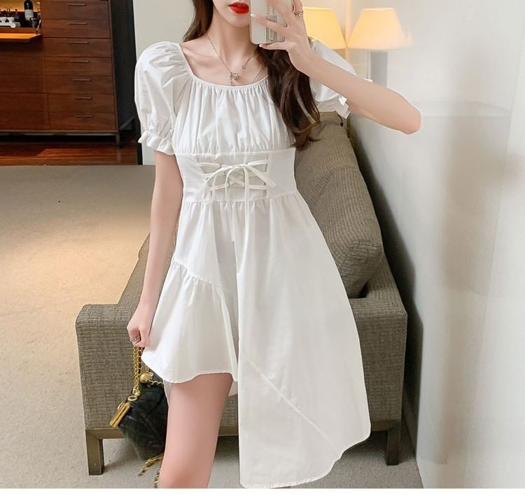 Asymmetrical Short-Sleeve Dress Neck Square Plain A-Line