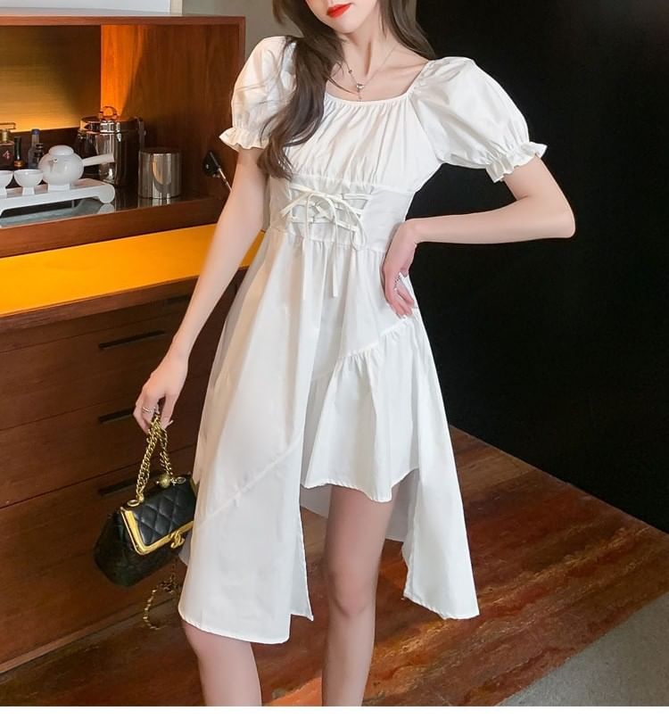 Asymmetrical Short-Sleeve Dress Neck Square Plain A-Line
