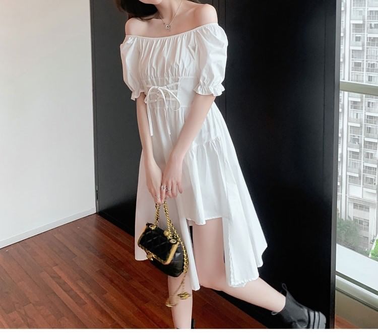 Asymmetrical Short-Sleeve Dress Neck Square Plain A-Line