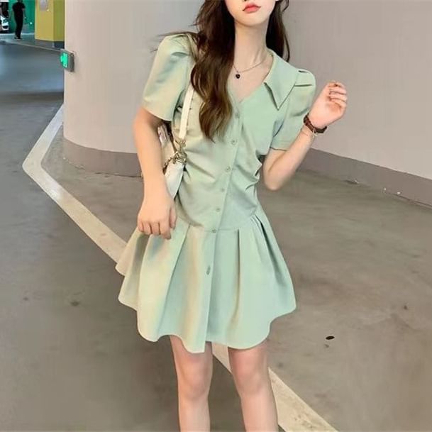 A-Line Plain Dress Short-Sleeve V-Neck Button-Up Mini