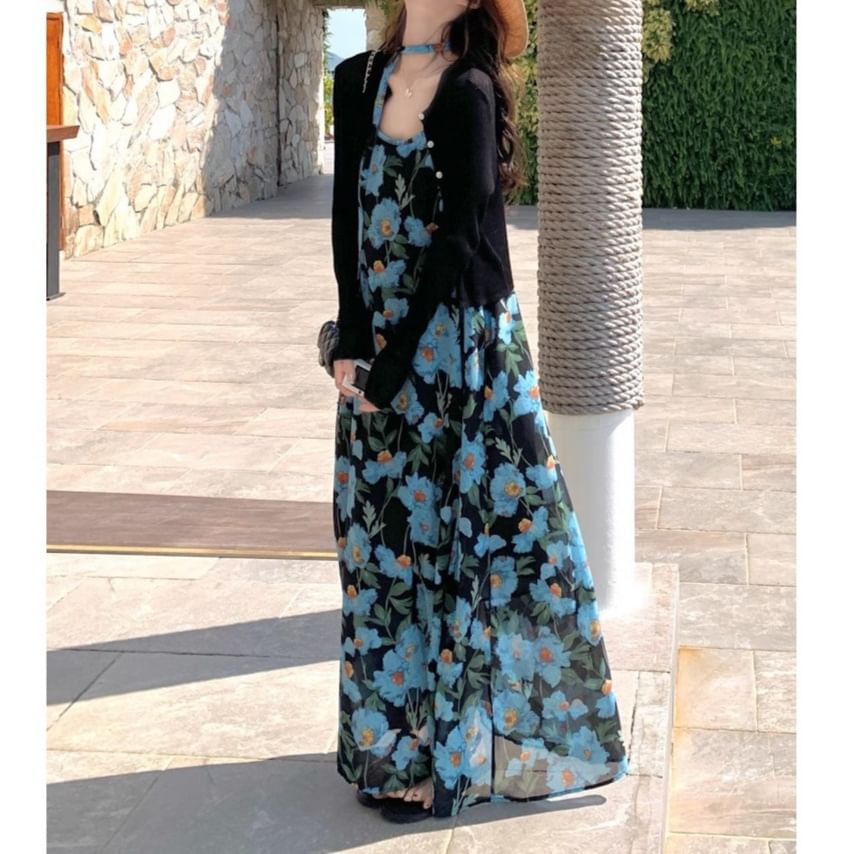 Dress A-Line Scoop Maxi Strap Print Spaghetti Neck Floral