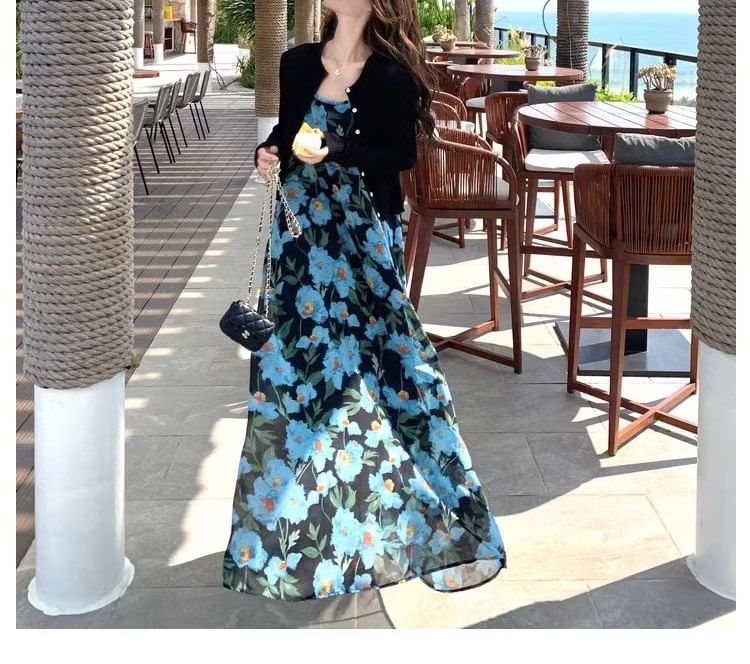Dress A-Line Scoop Maxi Strap Print Spaghetti Neck Floral