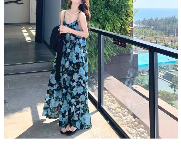 Dress A-Line Scoop Maxi Strap Print Spaghetti Neck Floral