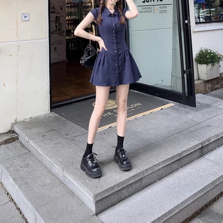 Short-Sleeve Mini Plain Dress A-Line Shirt