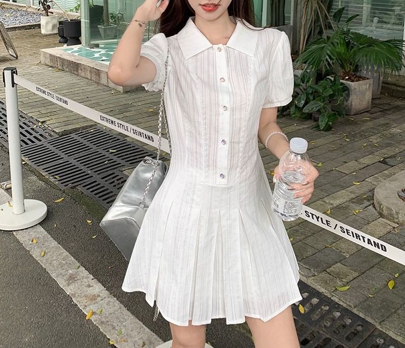 Mini Pleated Shirt Dress Short-Sleeve Plain