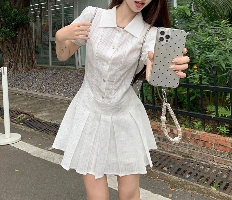 Mini Pleated Shirt Dress Short-Sleeve Plain