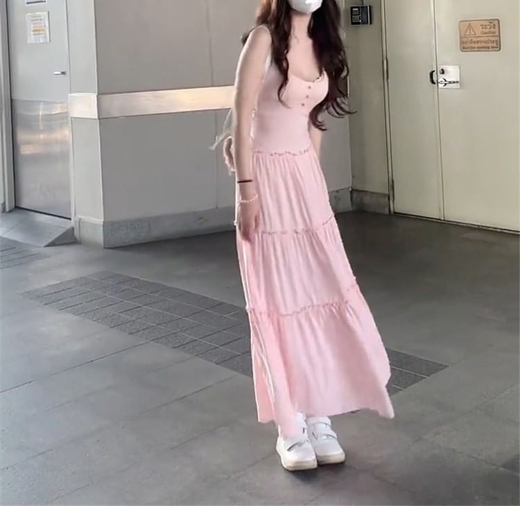 Plain Neck A-Line Strap Spaghetti Dress Scoop Maxi