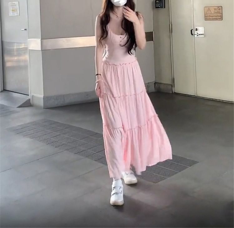 Plain Neck A-Line Strap Spaghetti Dress Scoop Maxi