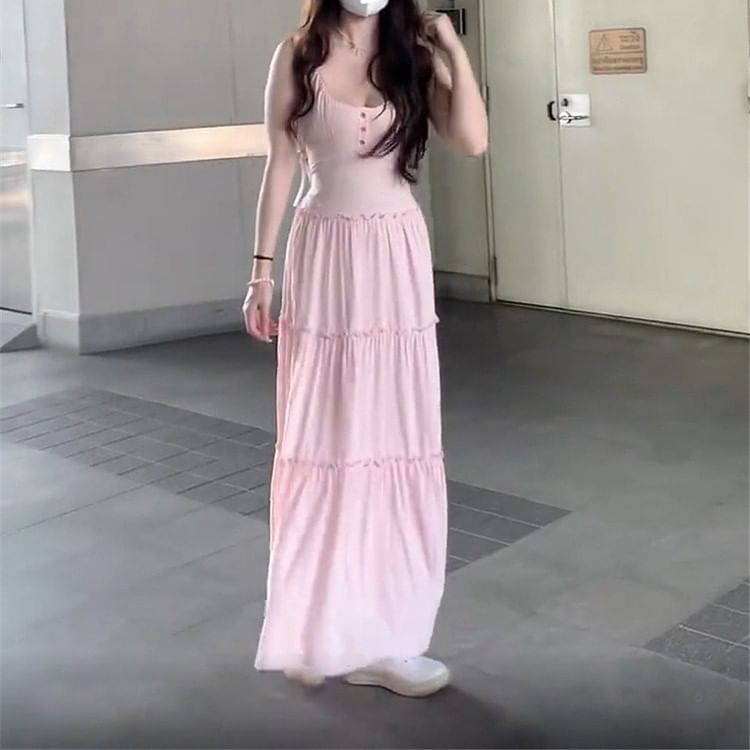 Plain Neck A-Line Strap Spaghetti Dress Scoop Maxi
