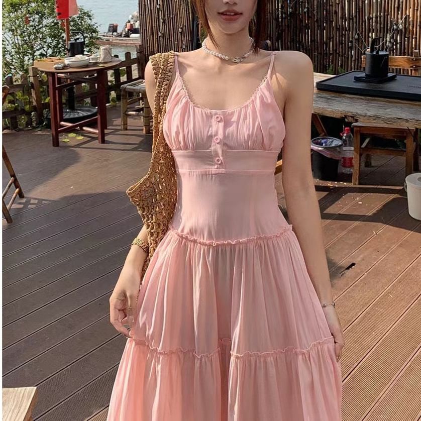 Plain Neck A-Line Strap Spaghetti Dress Scoop Maxi