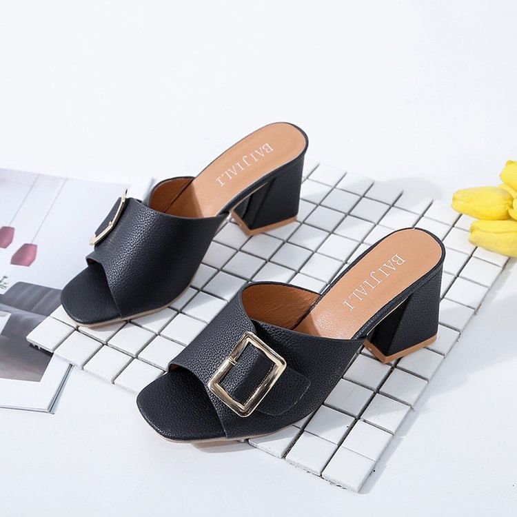 Buckled Sandals Slide Heel Chunky