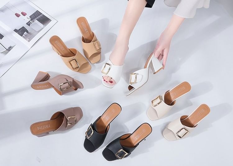 Buckled Sandals Slide Heel Chunky