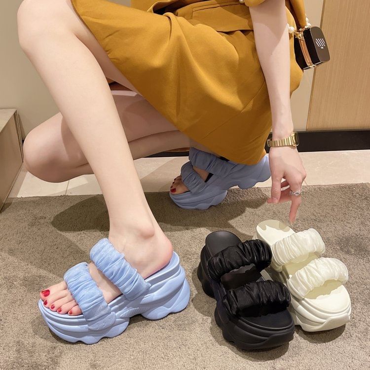 Strap Platform Plain Ruched Slide Sandals