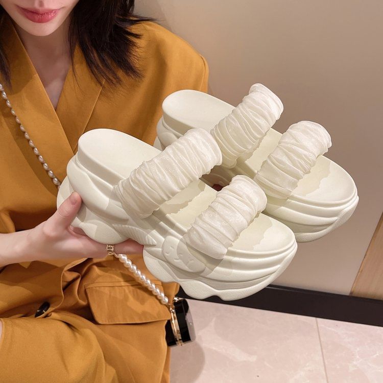 Strap Platform Plain Ruched Slide Sandals