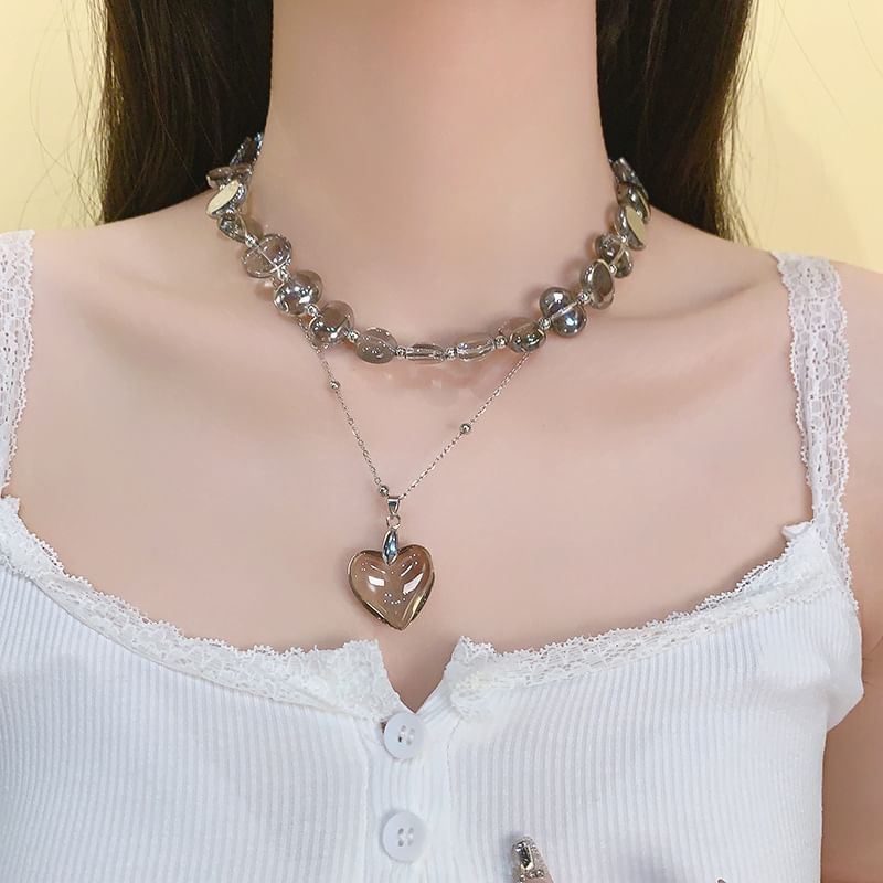 Choker Crystal Faux Pendant Station Heart