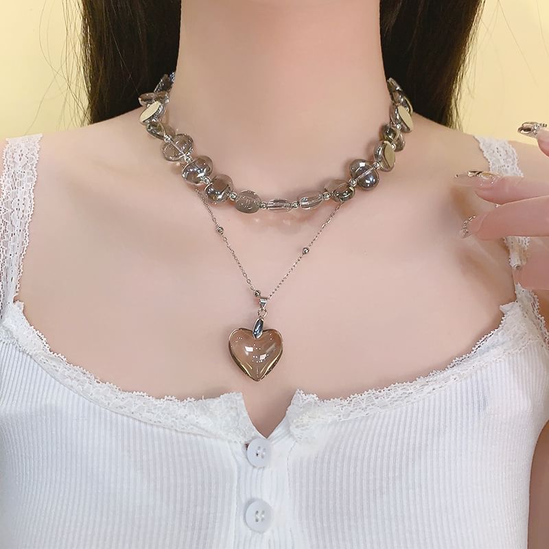 Choker Crystal Faux Pendant Station Heart