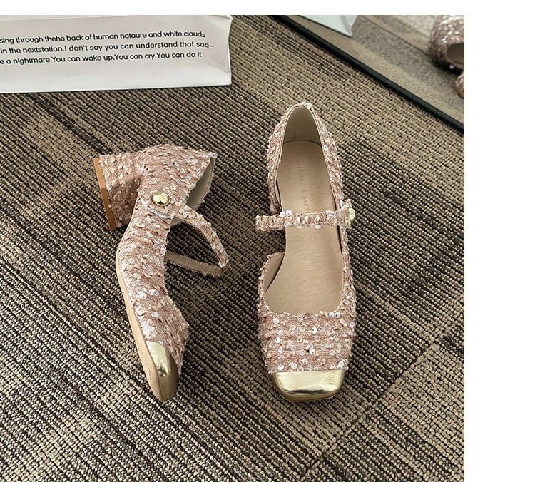 Block Tweed Toe Mary Sequin Heel Pumps Square Jane