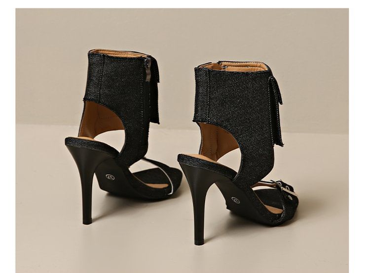Denim Boot High Sandals Heel Buckled