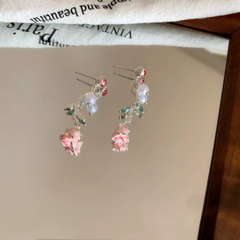Earring CZ Drop Flower Pearl Faux