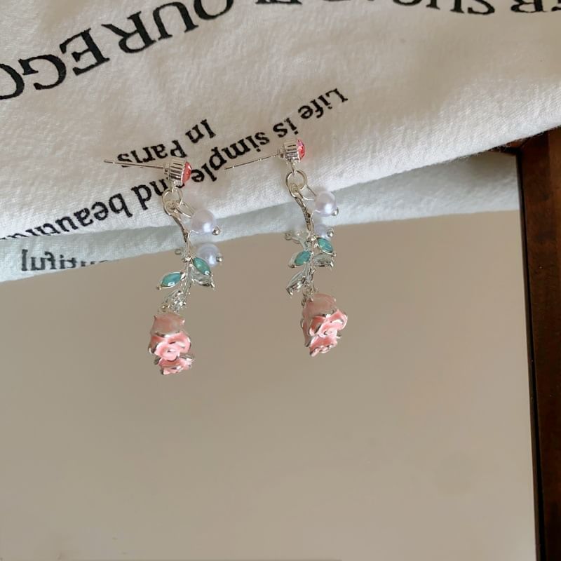 Earring CZ Drop Flower Pearl Faux