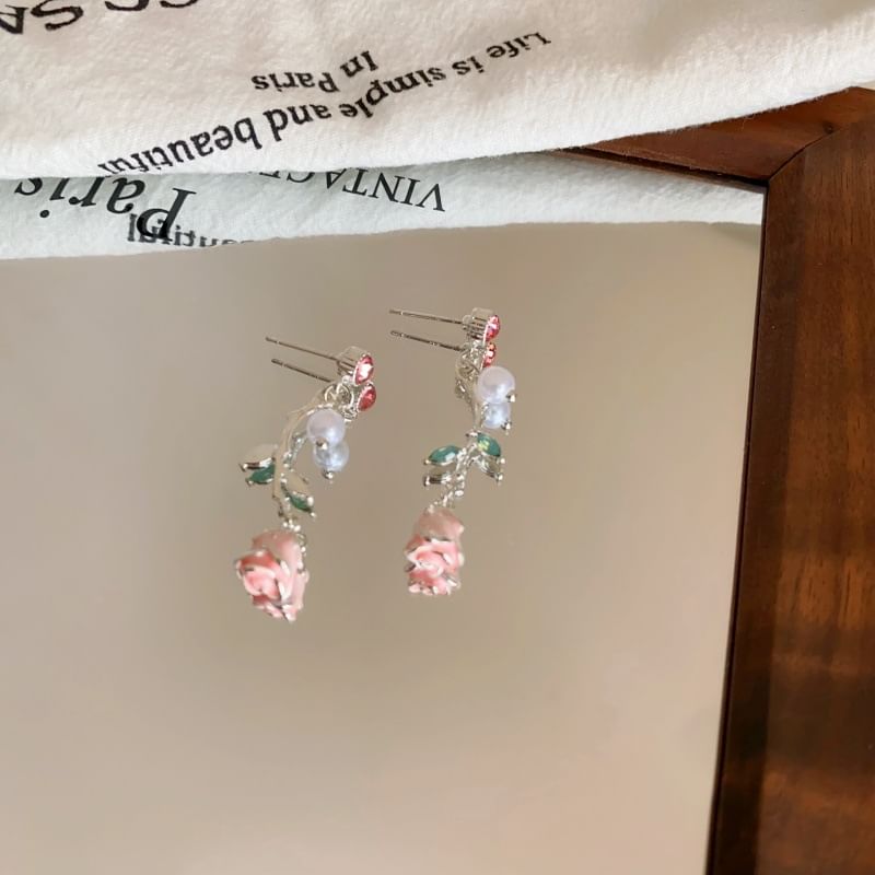 Earring CZ Drop Flower Pearl Faux