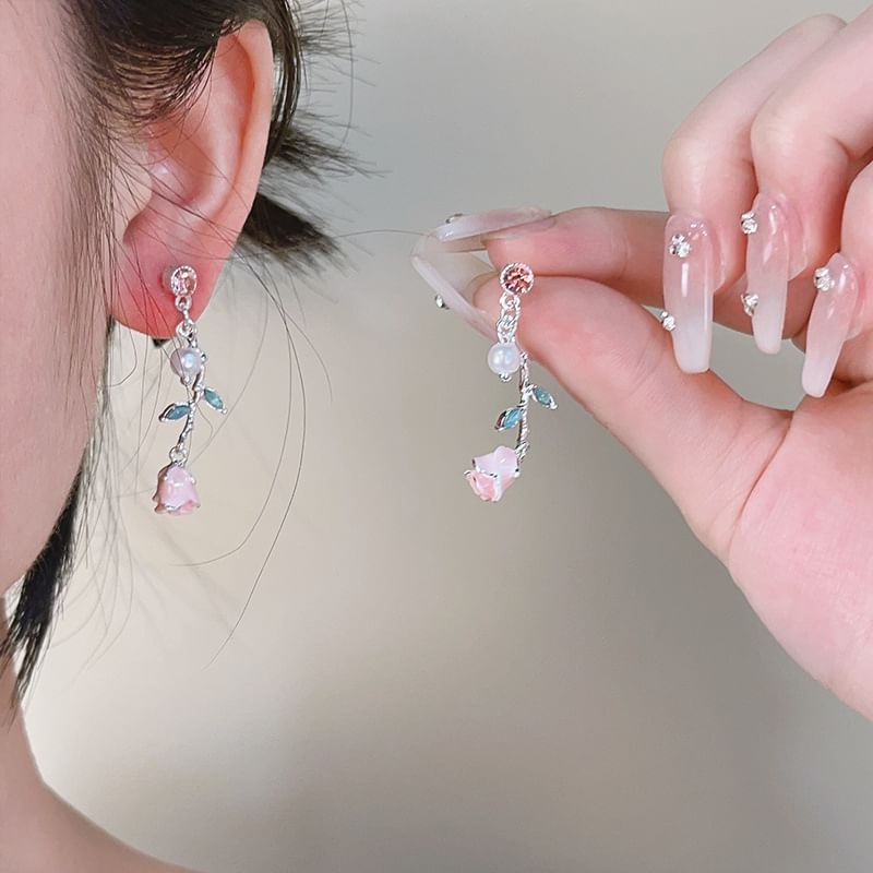Earring CZ Drop Flower Pearl Faux