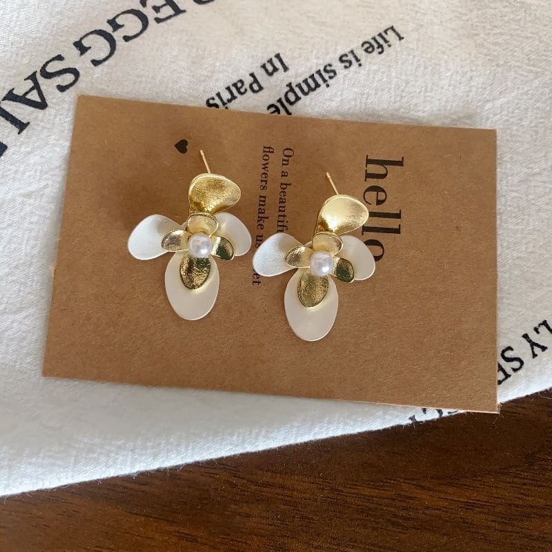 Faux Stud Pearl Flower Tone Earring Two