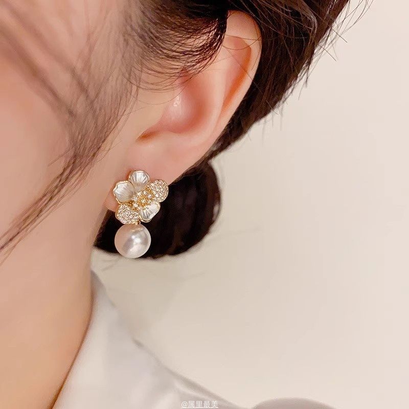 Faux Drop CZ Flower Pearl Earring