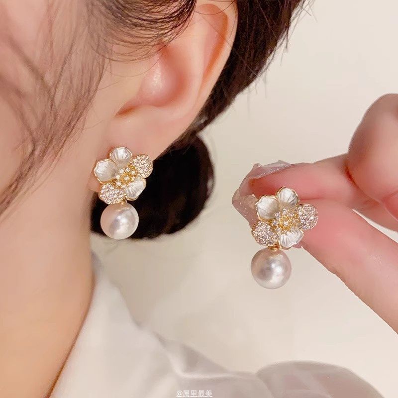 Faux Drop CZ Flower Pearl Earring