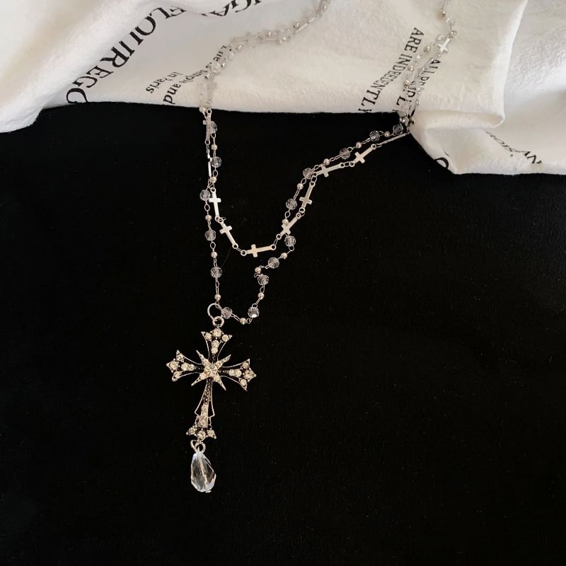 Necklace Layered CZ Cross Pendant Bead