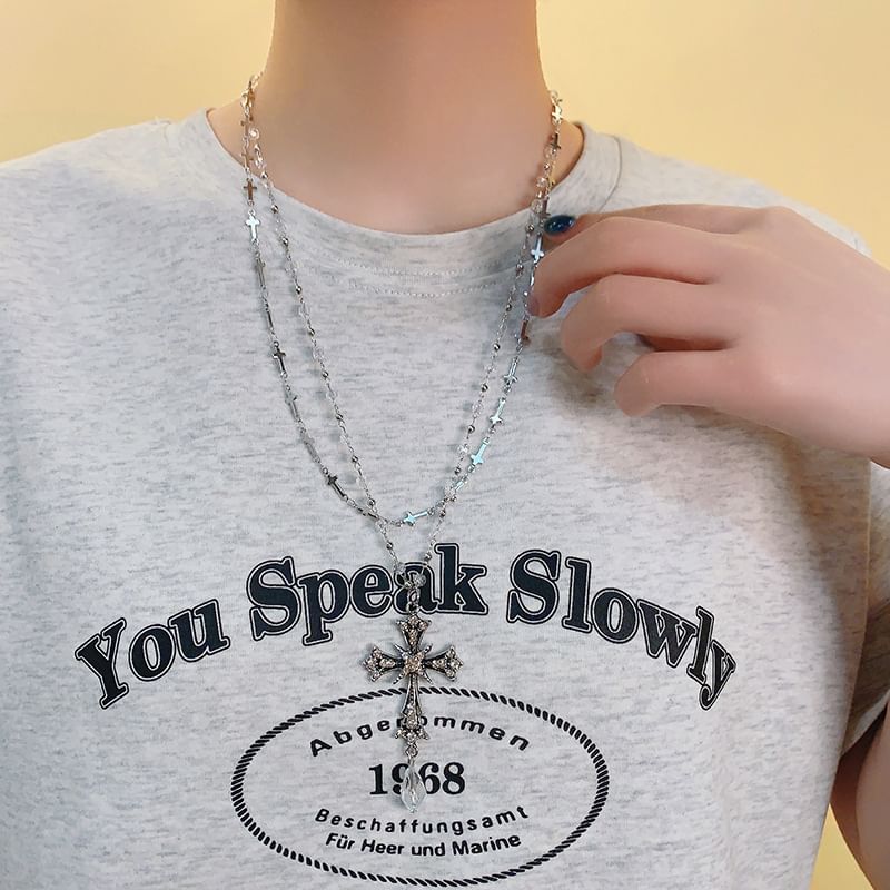 Necklace Layered CZ Cross Pendant Bead