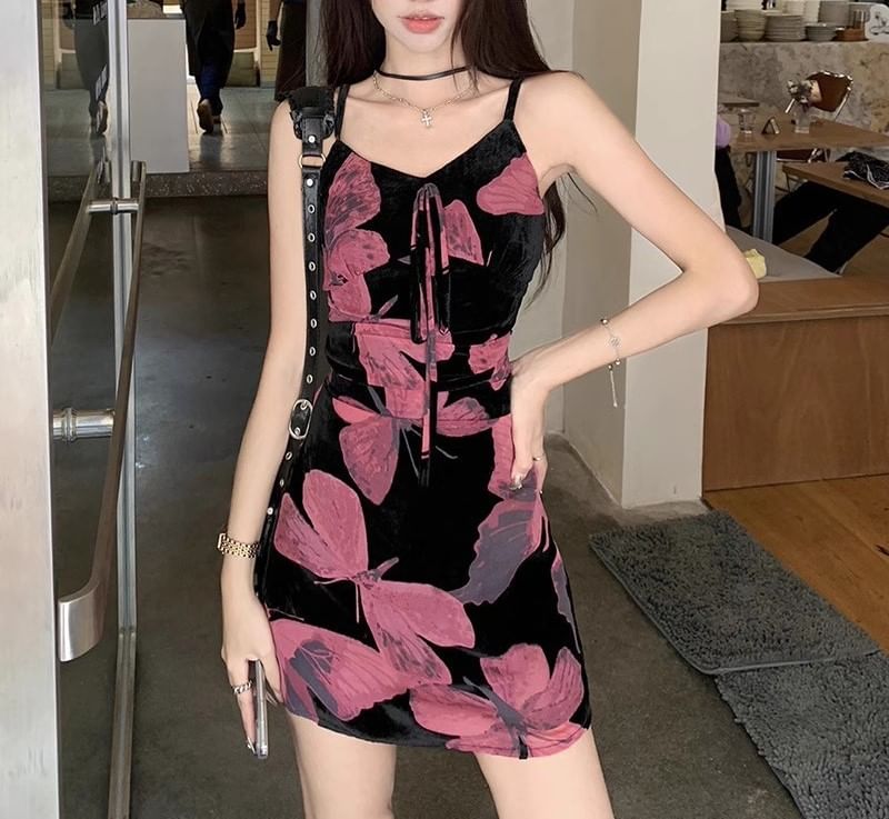 (Various Dress Print A-Line V-Neck Strap Floral Spaghetti Designs)