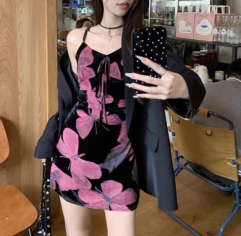 (Various Dress Print A-Line V-Neck Strap Floral Spaghetti Designs)