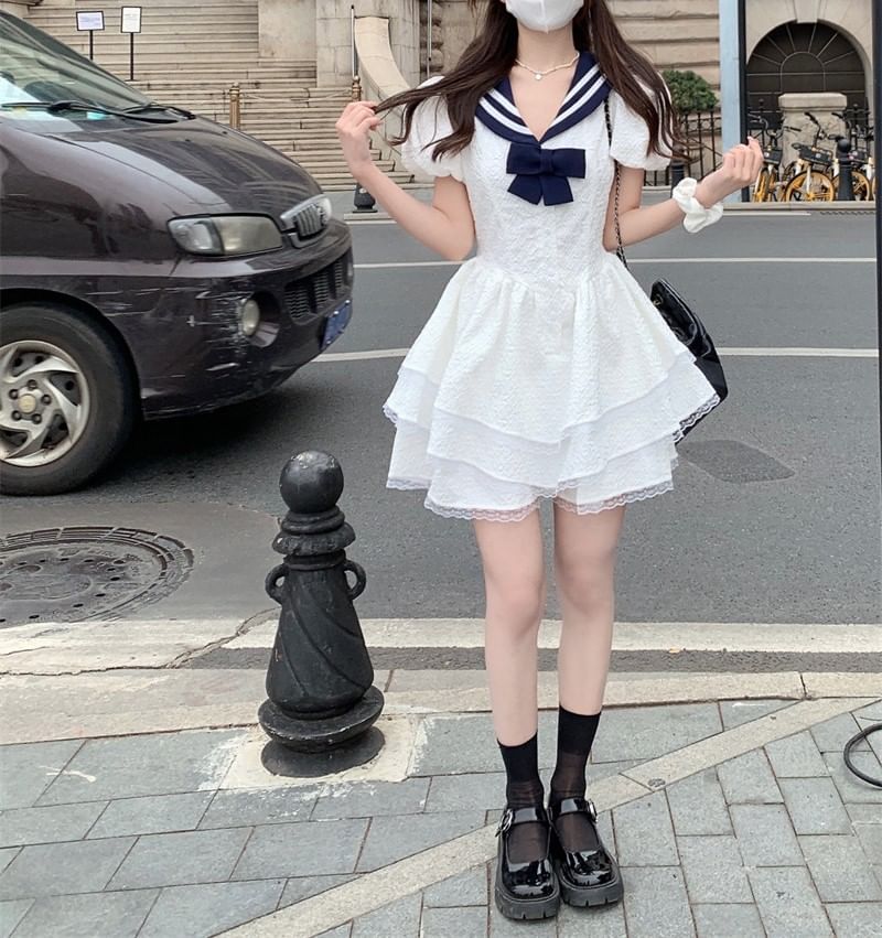 Dress Short-Sleeve Mini Collar Sailor A-Line