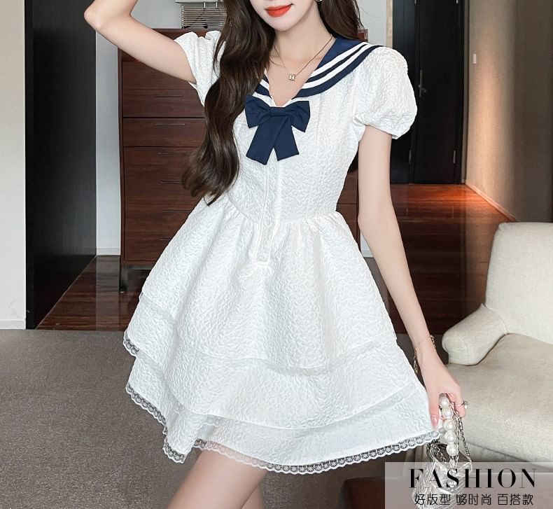 Dress Short-Sleeve Mini Collar Sailor A-Line
