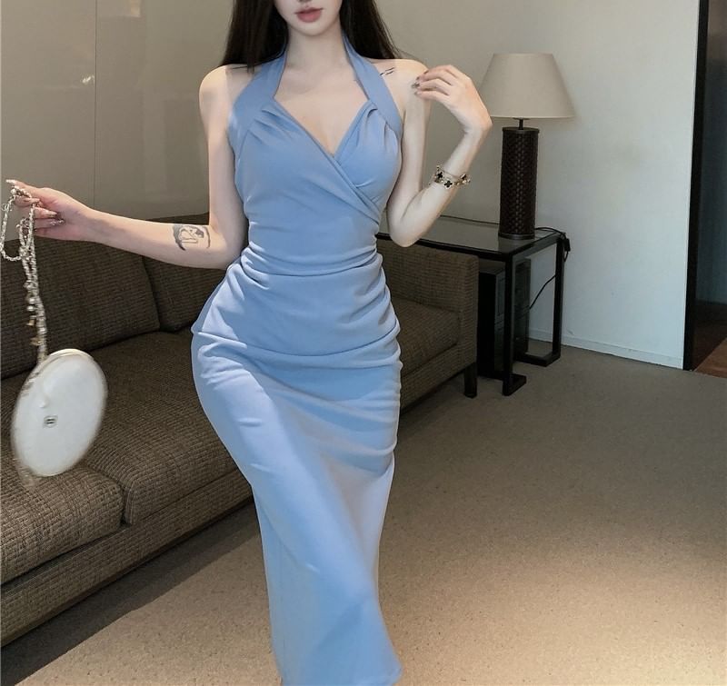 Plain Neck Maxi Halter Dress Sheath