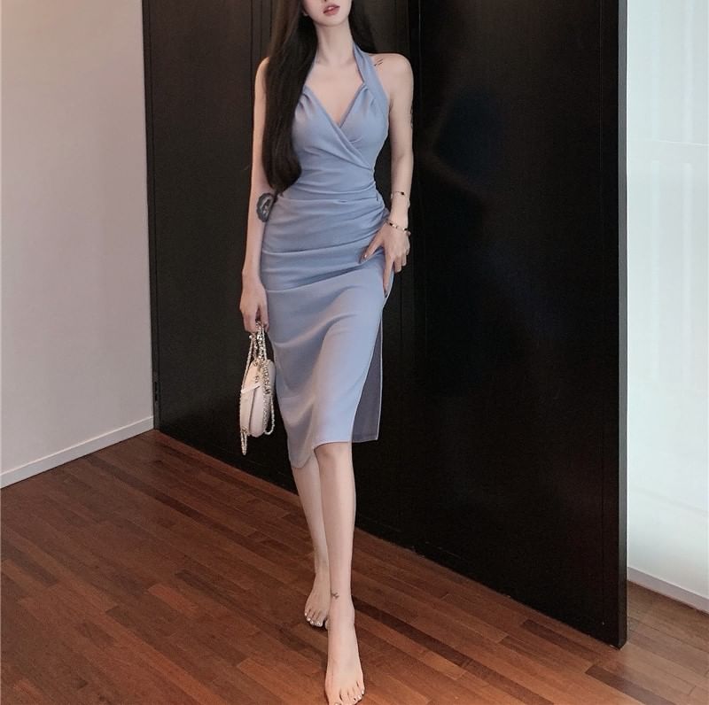 Plain Neck Maxi Halter Dress Sheath