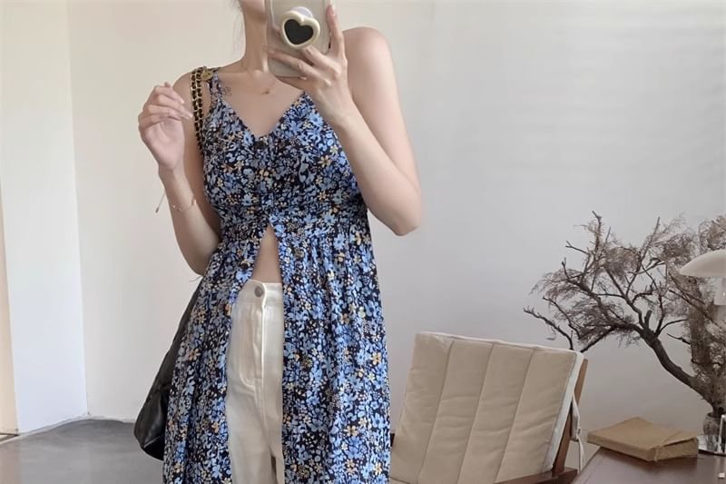 Floral Midi Dress V-Neck Sleeveless A-Line Print