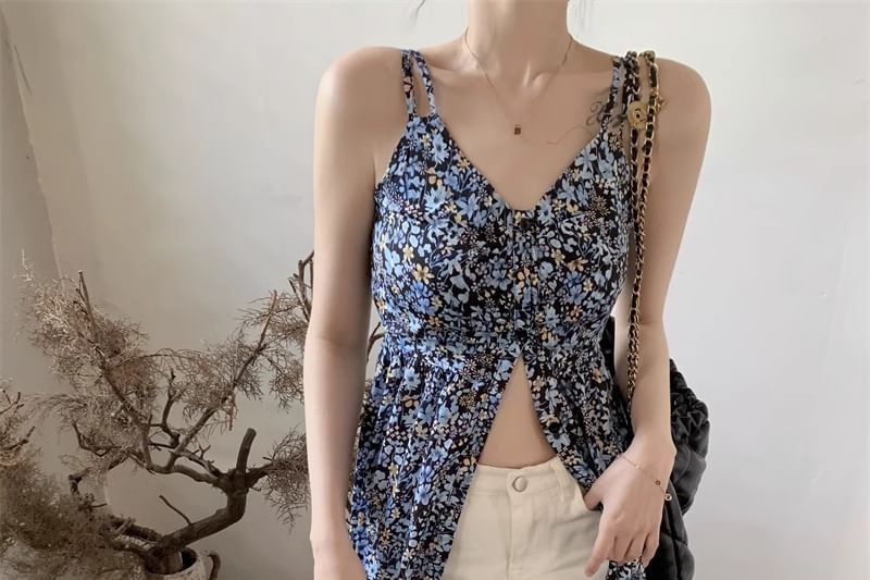 Floral Midi Dress V-Neck Sleeveless A-Line Print