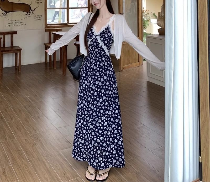 Print Maxi Sleeveless Cardigan Dress Floral / V-Neck A-Line